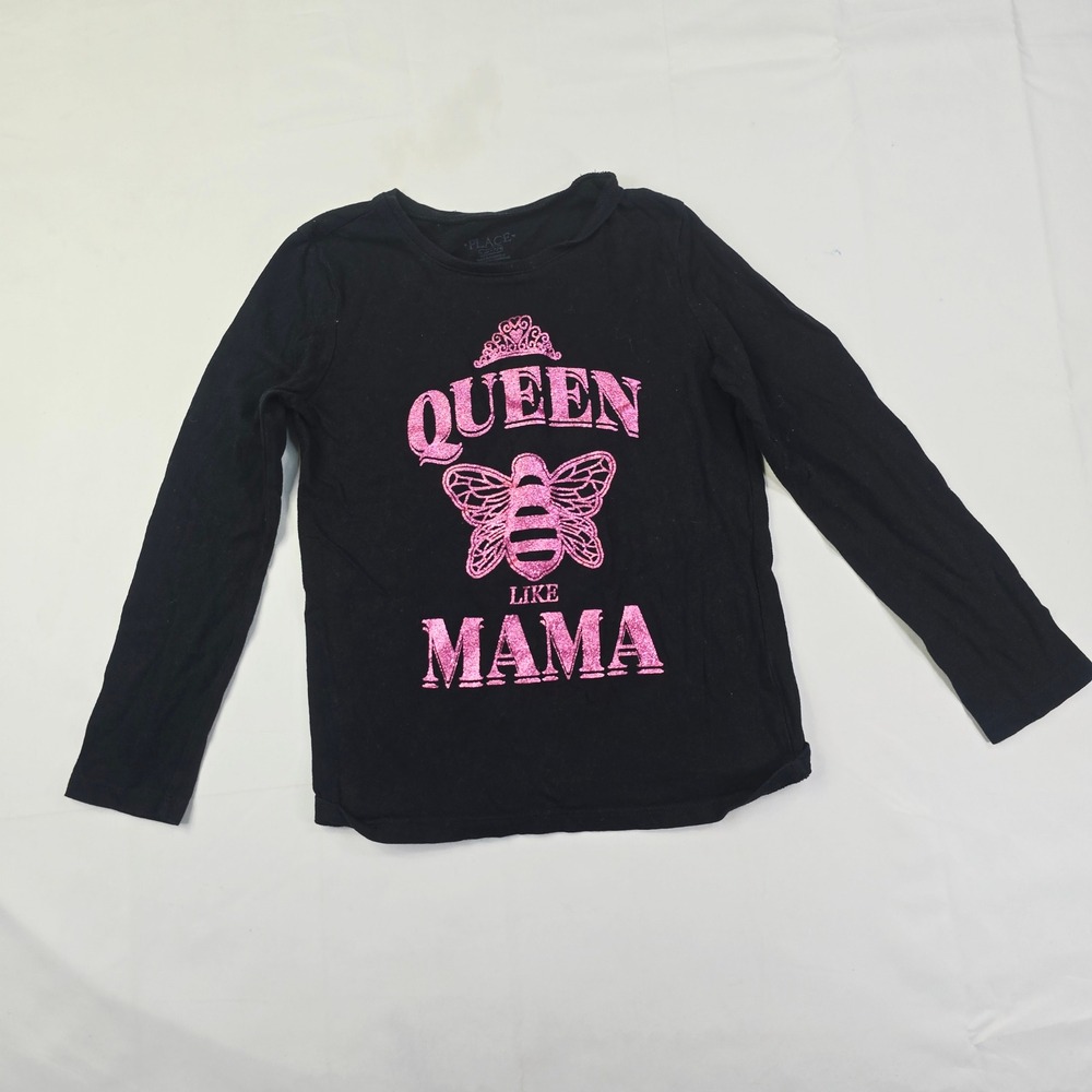 The Childrens Place Queen Like Mama Graphic Tee Kids Size 7/8 Black Pink Glitter